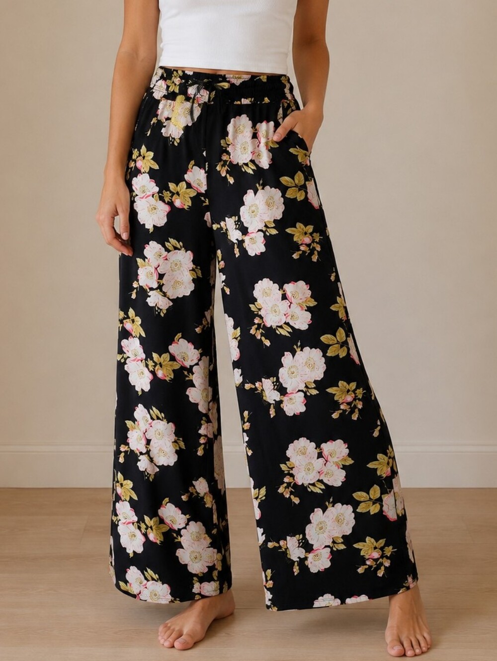 Wide Leg Floral Palazzo Pants - Black with Pink & Cream Blossoms